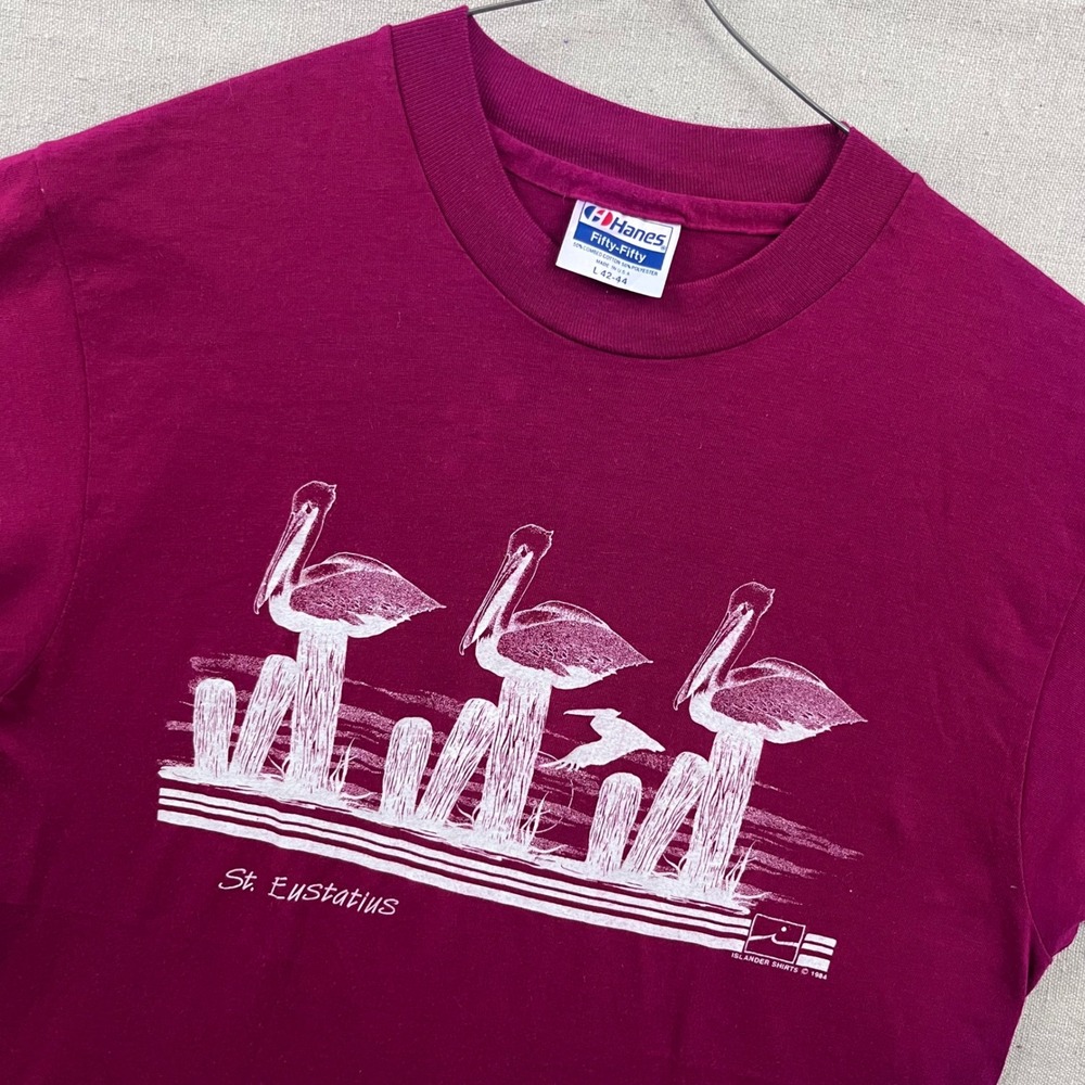 Hanes‎ T-Shirt Mens L Magenta Vintage 1984 St Eustatius Pelican Graphic Tee